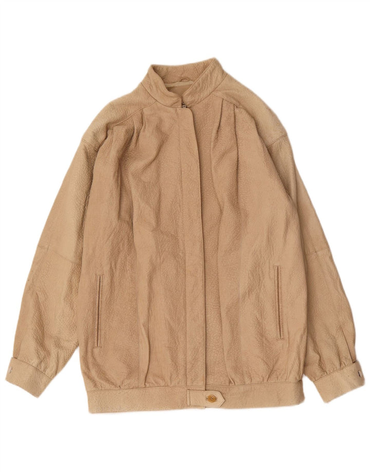 Vintage Dame Oversized Læderjakke EU 36 Small Beige Animal Print