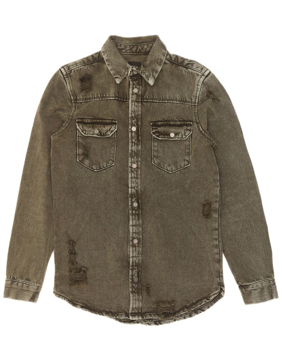 Zara Herre Distressed Relaxed Fit Denim Shirt Small Khaki Cotton