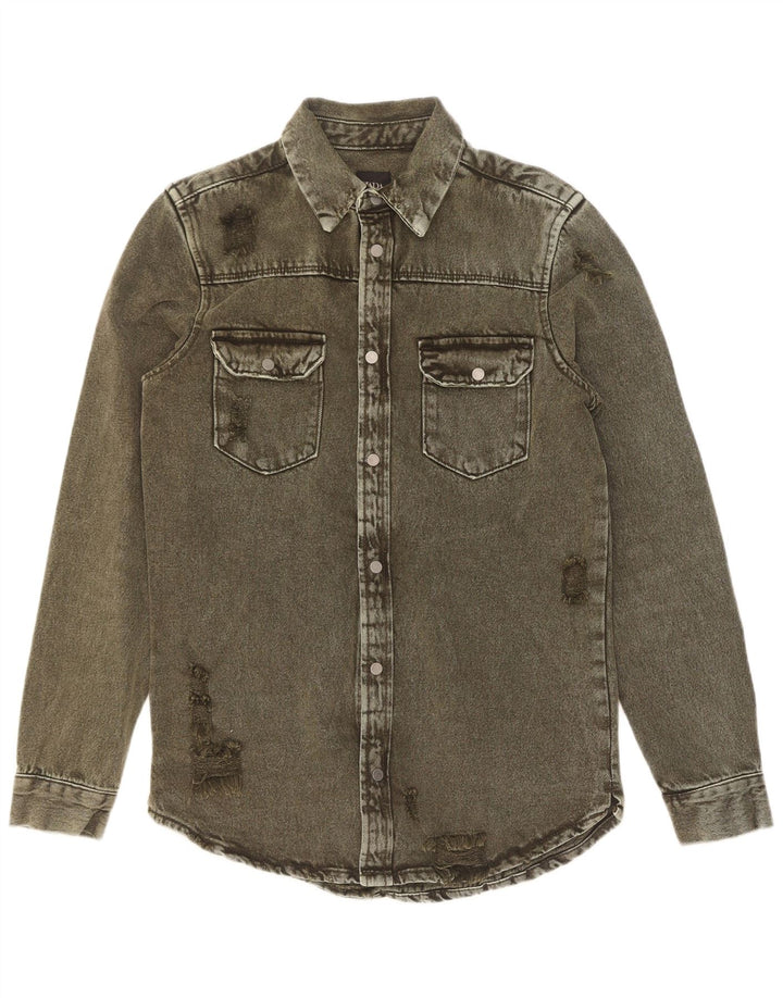 Zara Herre Distressed Relaxed Fit Denim Shirt Small Khaki Cotton