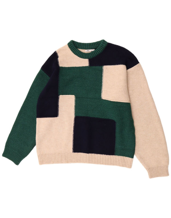 Zara Herre Boat Neck Jumper Sweater XL Grøn Colourblock Akryl