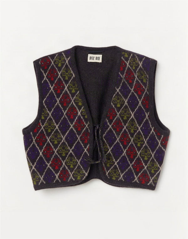 Vintage Herre Crop Knit vest UK 14 Large Multicolored Argyle/Diamond