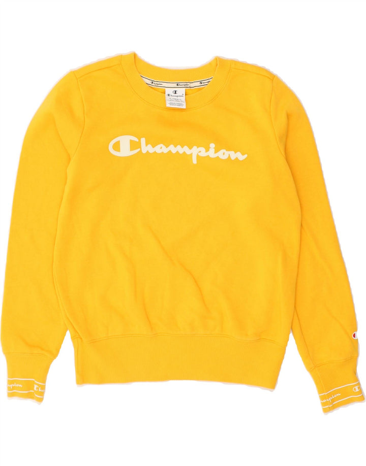 CHAMPION Womens Graphic Sweatshirt Jumper UK 6 XS Yellow | Vintage Champion | Thrift | Second-Hand Champion | Used Clothing | Messina Hembry 