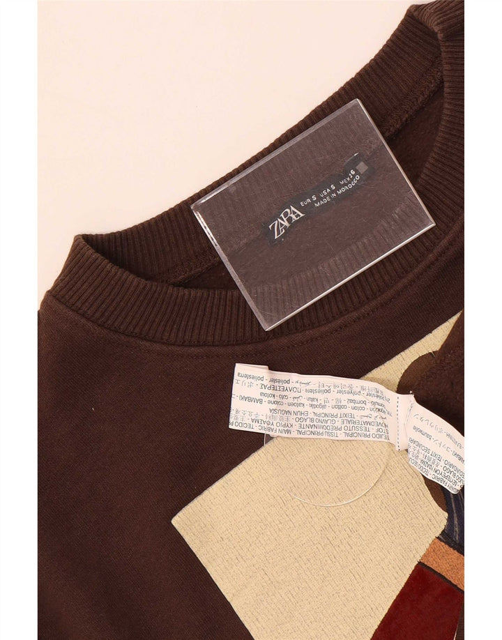 Zara Womens Crop Graphic Oversized Sweatshirt Jumper UK 10 Small Brown