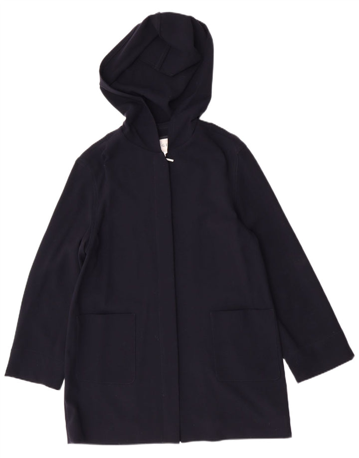 Jaeger Dame Hætte Oversized Overfrakke UK 10 Small Navy Blue Virgin Wool