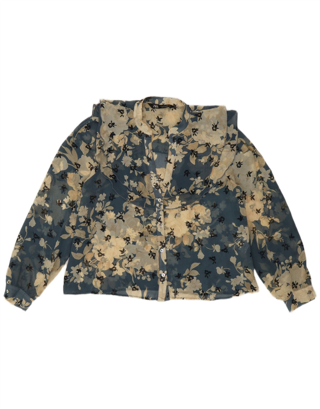 Zara Dame Se Through Shirt Bluse UK 10 Small Blue Floral Polyester