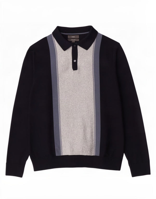 Marks & Spencer Herre Polo Neck trøje Sweater Large Navy Blue Colourblock