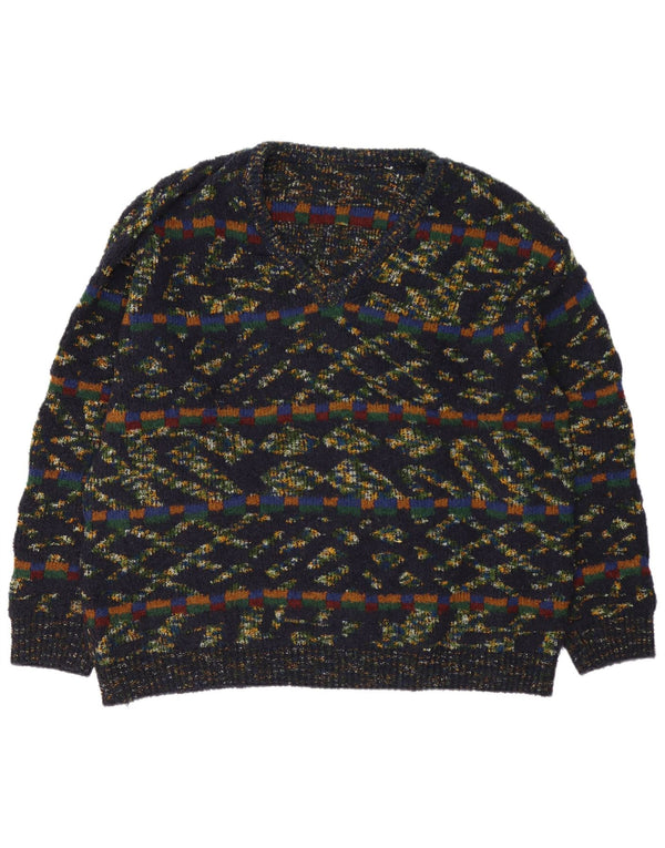 Vintage herre V-hals sweater XL multifarvet geometrisk uld