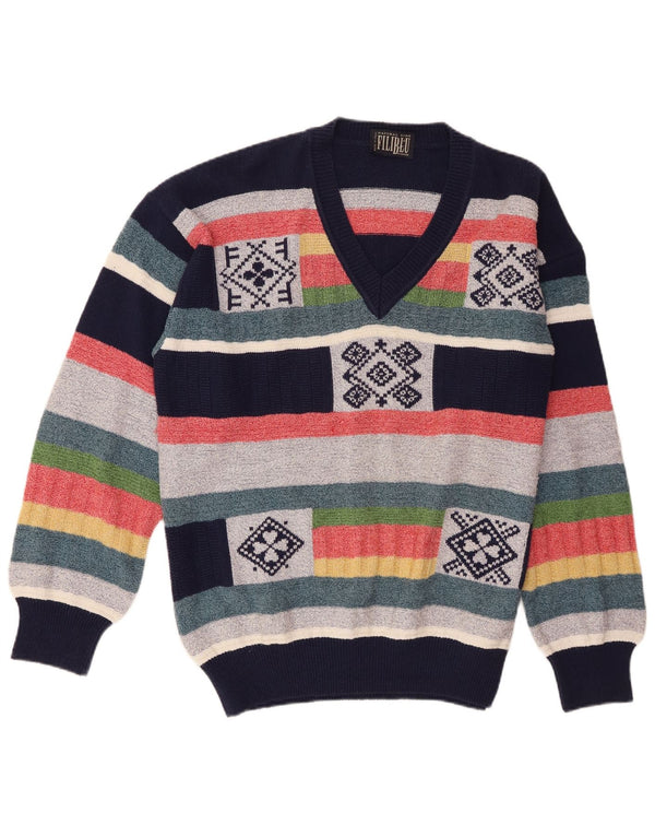 Baroni Herre V-hals sweater IT 54 XL Flerfarvet stribet bomuld