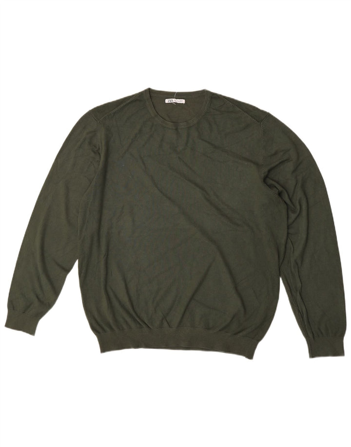 Zara Herre Crew Neck Jumper Sweater Stor Khaki Viscose