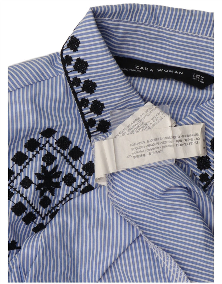 Zara skjortebluse til kvinder UK 14 Medium Blue Pinstripe Polyester