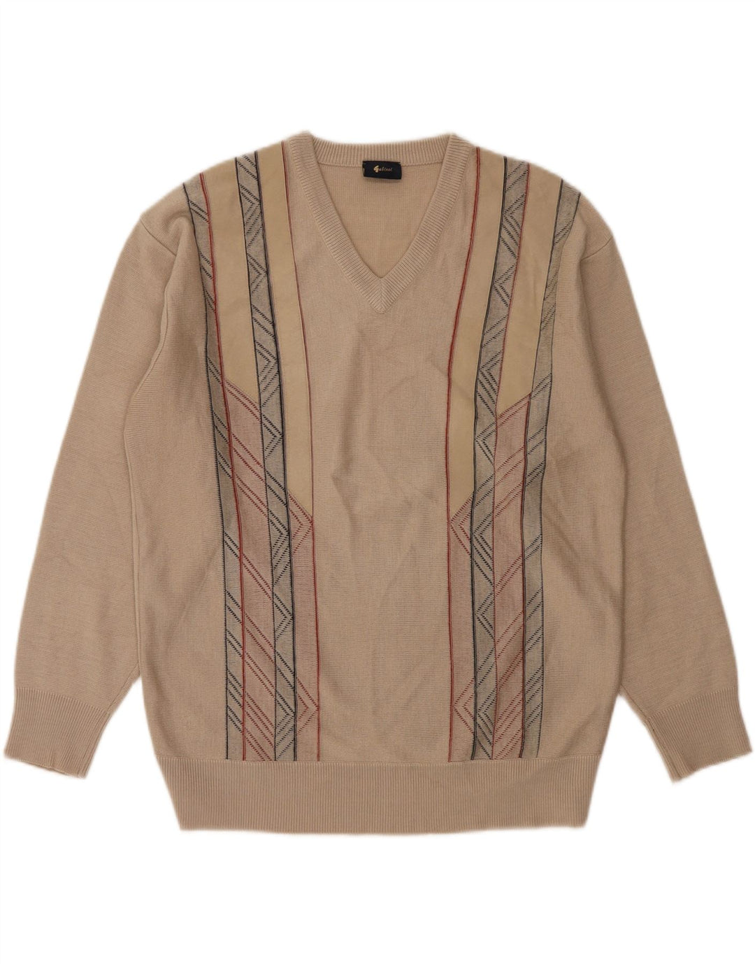 GABICCI Mens V-Neck Jumper Sweater Large Beige Geometric Wool