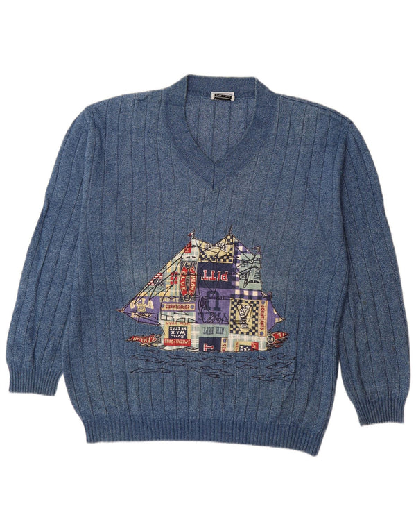 Vintage herre grafisk v-hals sweater XL blå bomuld tegneserier