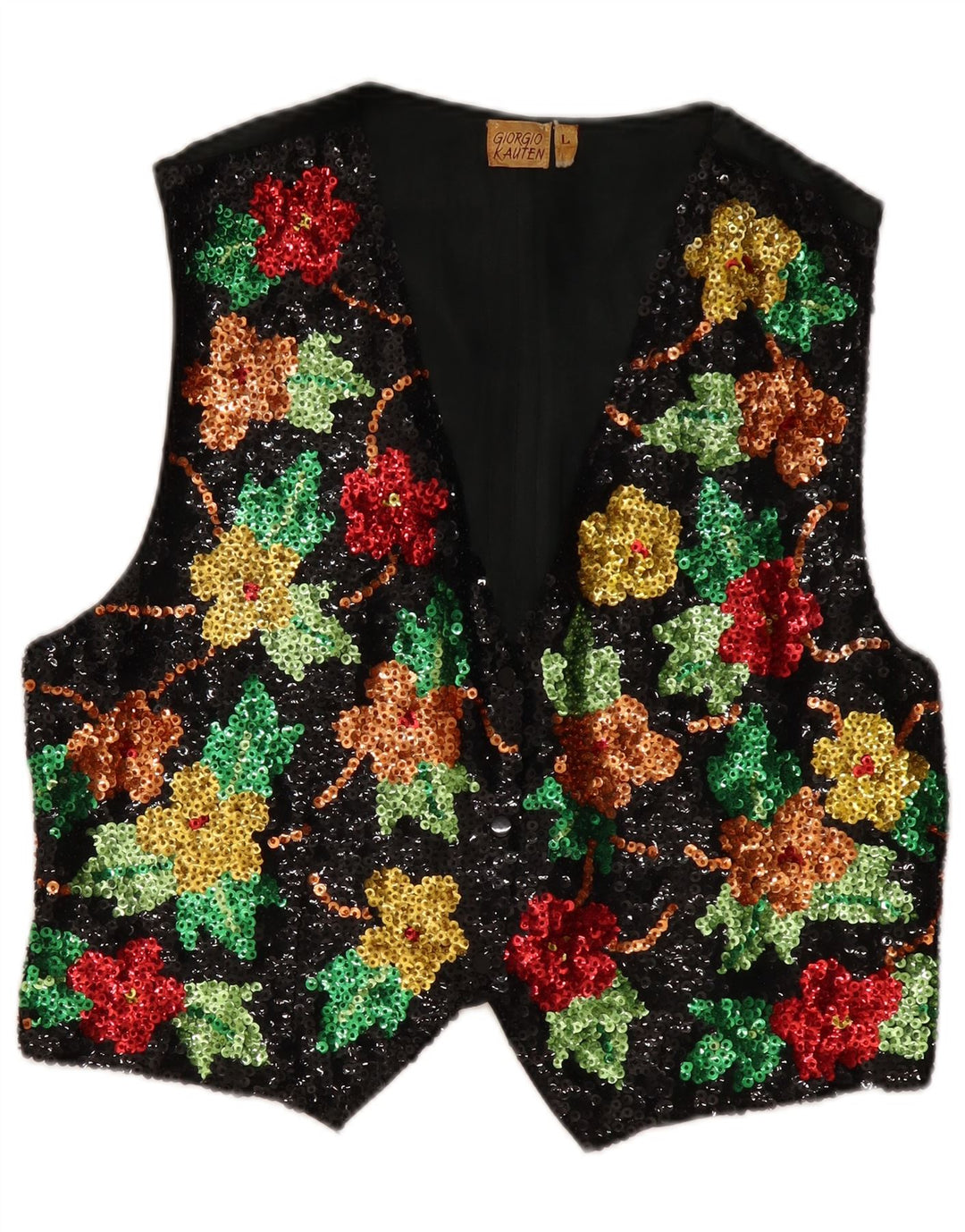 GIORGIO KAUTEN Dame pailletter vest UK 16 Stor sort blomstret bomuld