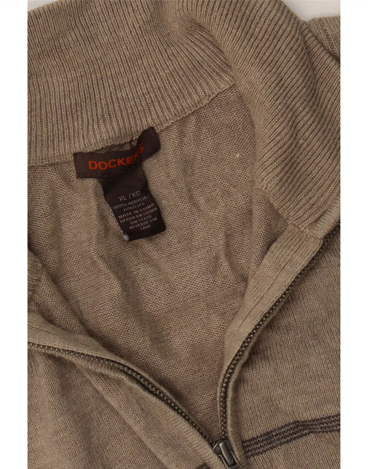 DOCKERS Mens Zip Neck Jumper Sweater XL Brown Striped Acrylic Vintage Dockers and Second-Hand Dockers from Messina Hembry 