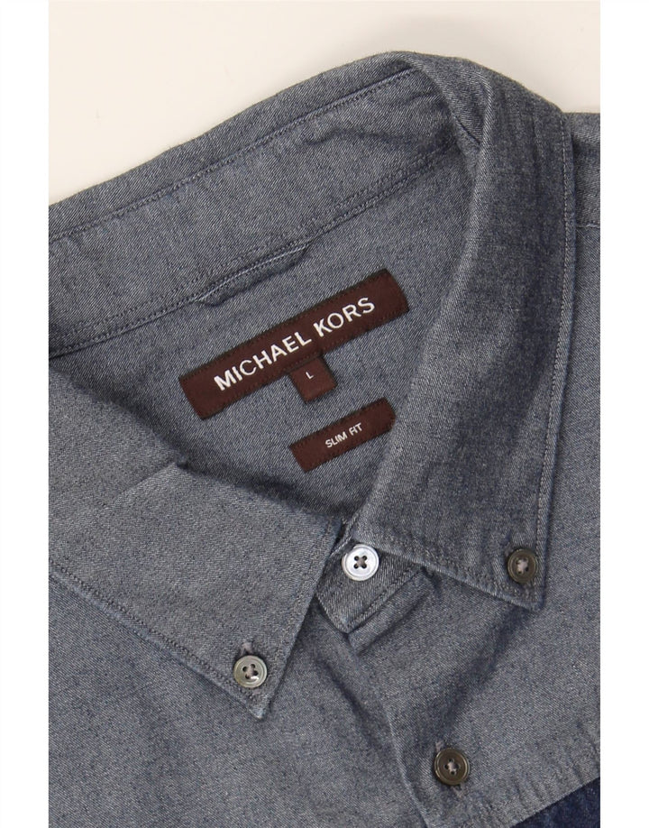 MICHAEL KORS Mens Slim Fit Short Sleeve Shirt Large Grey Colourblock Vintage Michael Kors and Second-Hand Michael Kors from Messina Hembry 