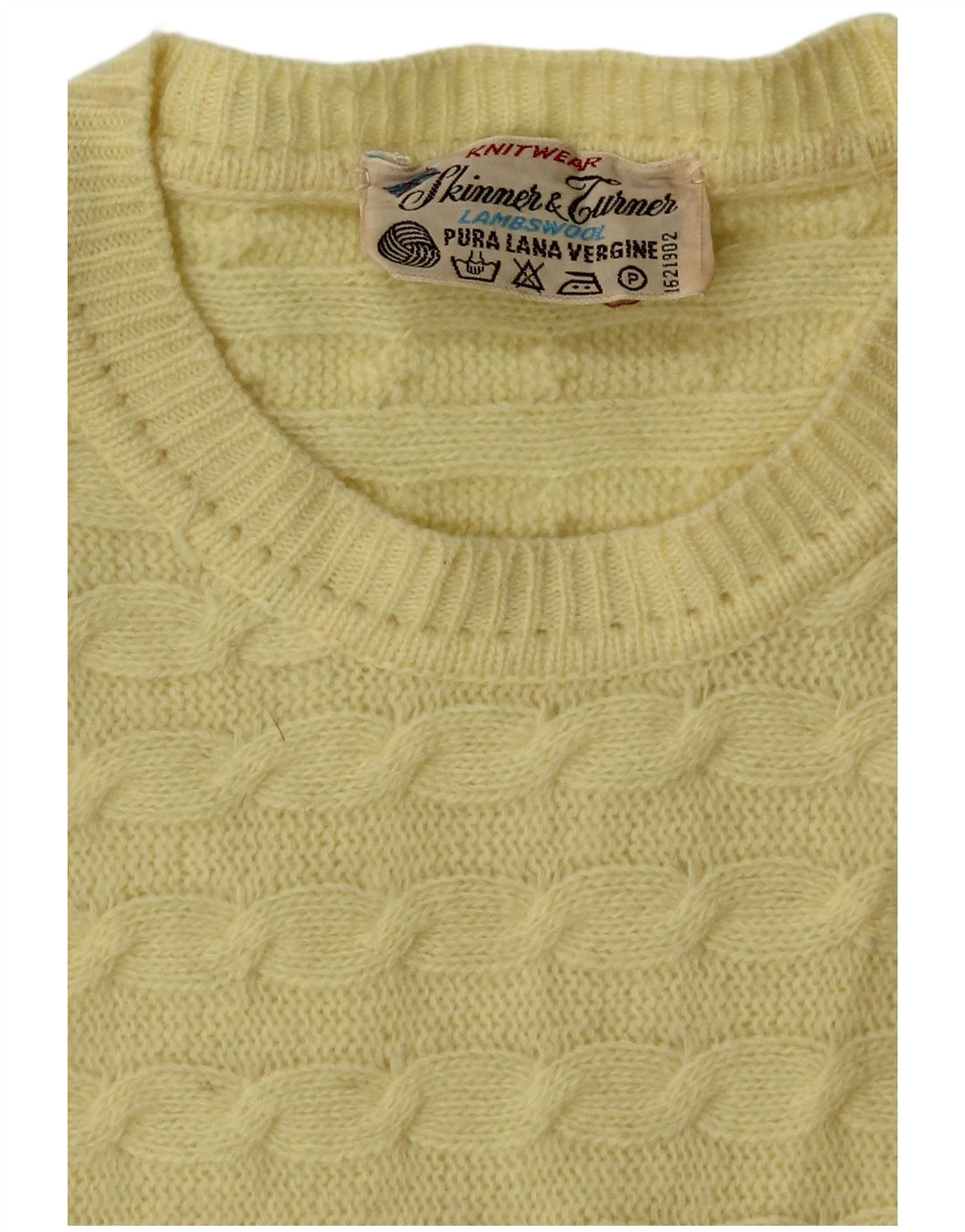 VINTAGE Dame sweater med rund hals DK 14 Medium Yellow Virgin Wool