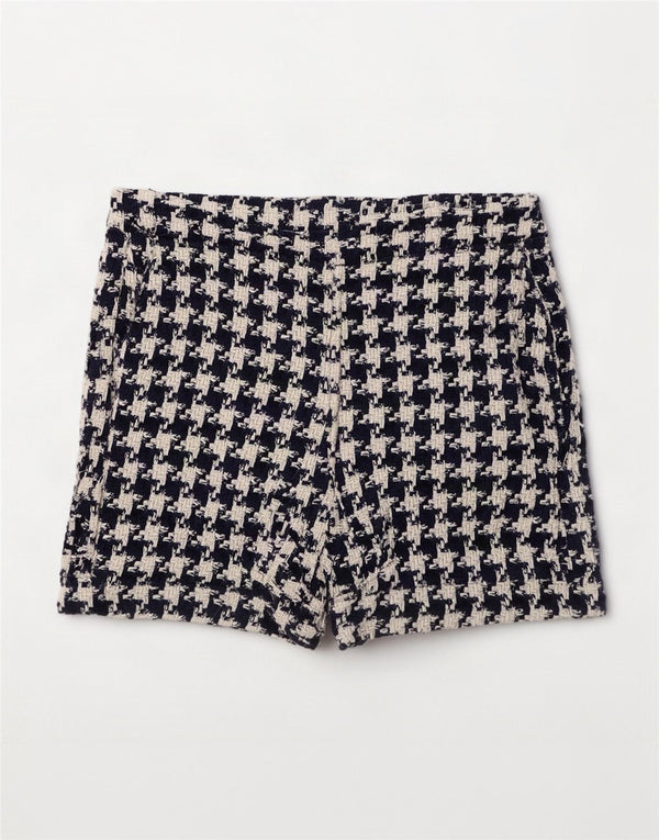 Zara Womens High Rise Casual Shorts XS W24 Navy Blue Houndstooth Cotton