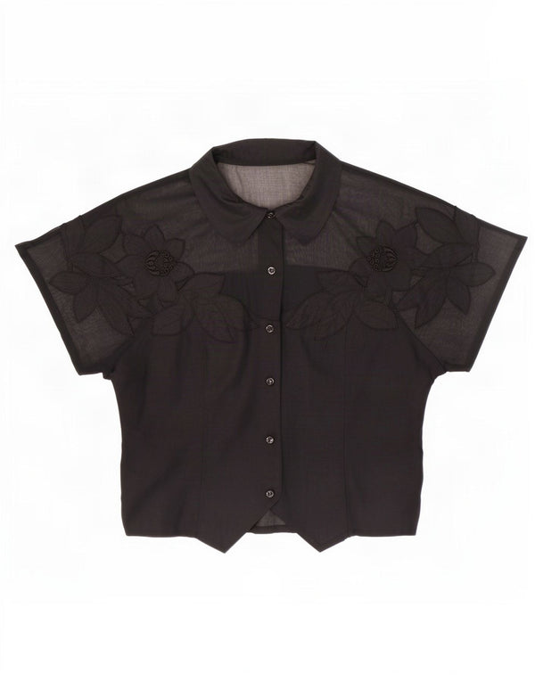 Vintage Womens See Through Short Sleeve Shirt Blouse IT 36 XS Black Floral