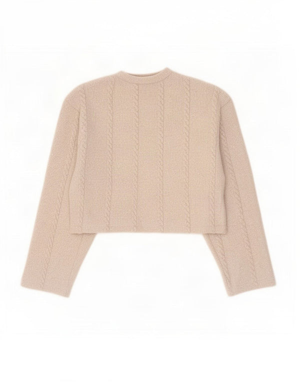Zara Womens Crop Crew Neck Jumper Sweater UK 12 Medium Beige Polyester