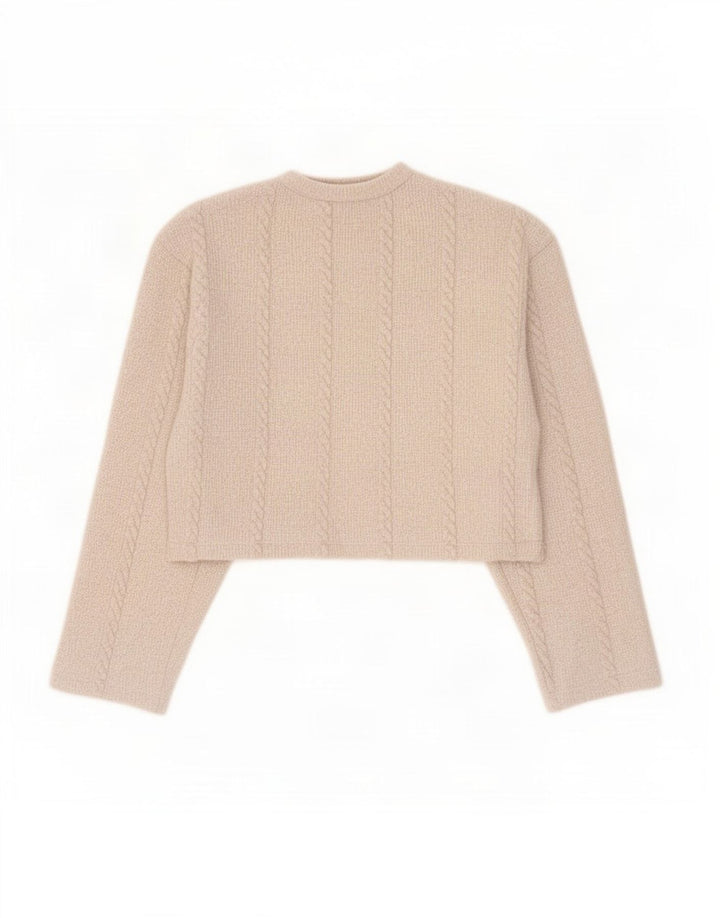Zara Womens Crop Crew Neck Jumper Sweater UK 12 Medium Beige Polyester