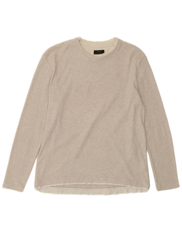ZARA Dame Top Langærmet UK 16 Stor Beige Bomuld
