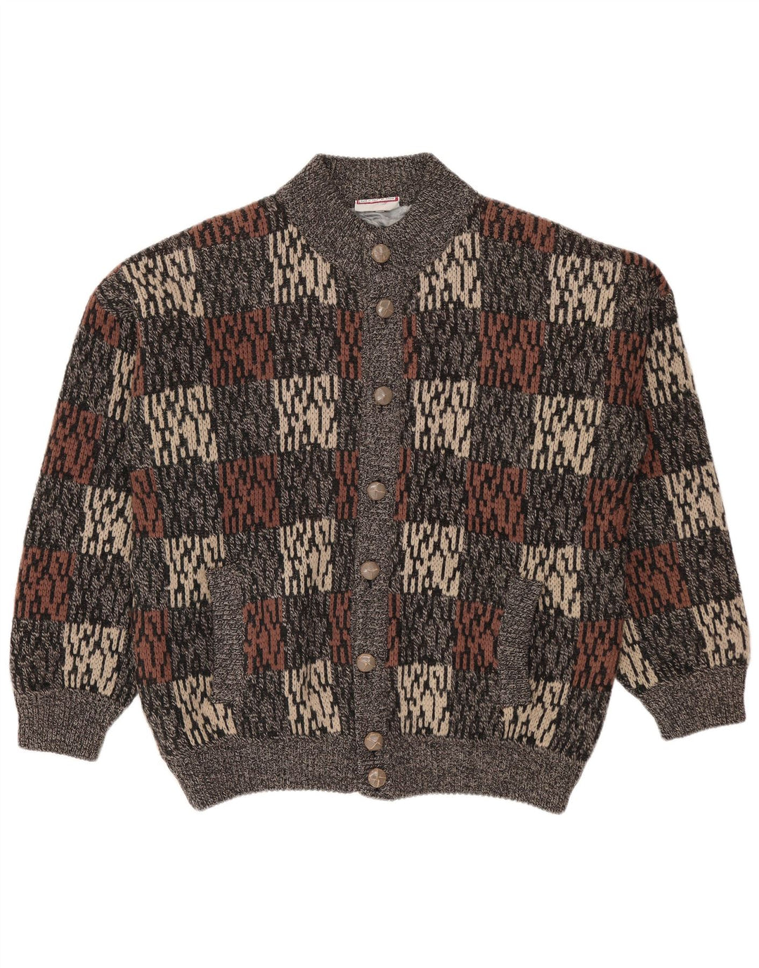 Vintage herre abstrakt mønster cardigan sweater IT 50 mellemgrå
