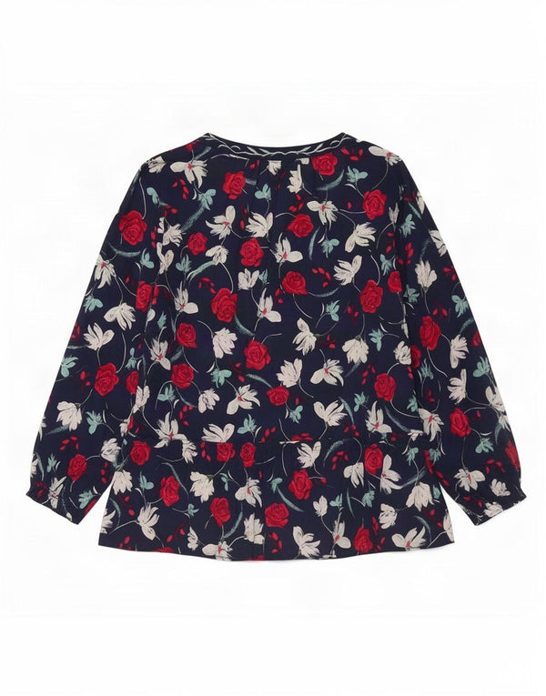 Benetton Womens 3/4 Sleeve Blouse Top UK 16 Large Navy Blue Floral Cotton