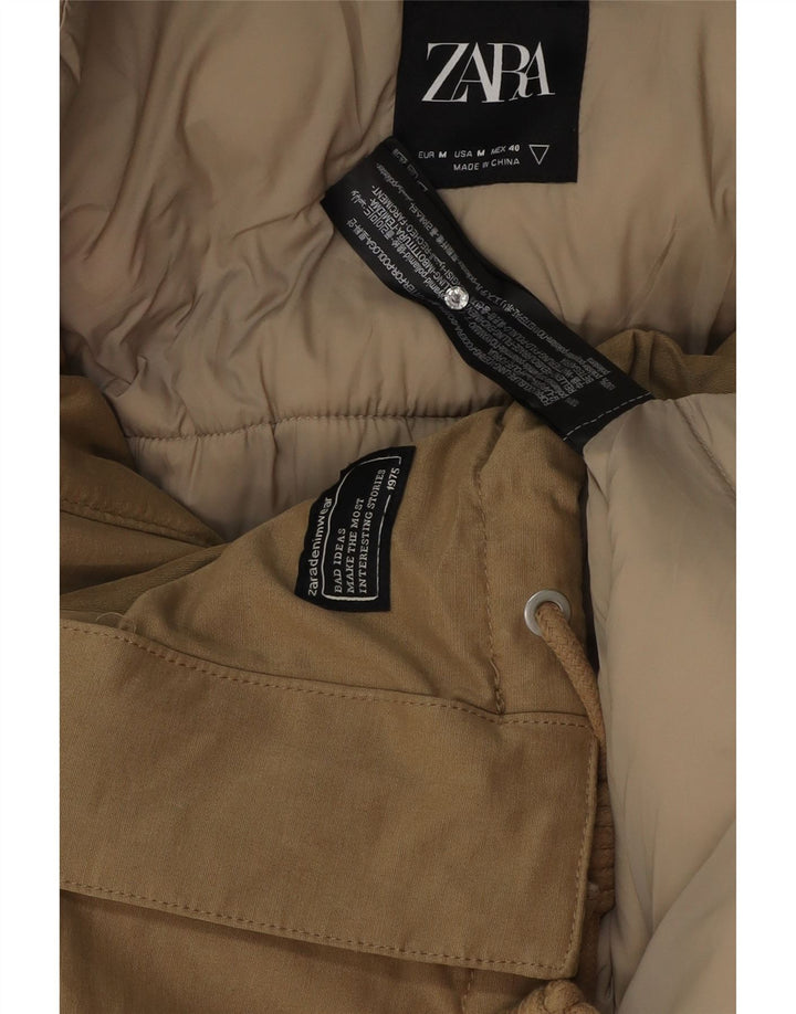 Zara Herre Hooded Loose Fit Polstret Jakke UK 38 Medium Beige Polyester