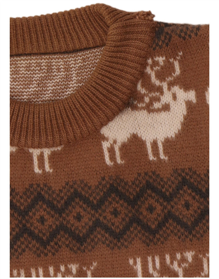 Vintage herre sweater med rund hals, stor brun Fair Isle