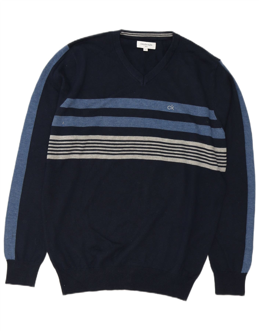 CALVIN KLEIN Mens Golf V-Neck Jumper Sweater Large Navy Blue Striped