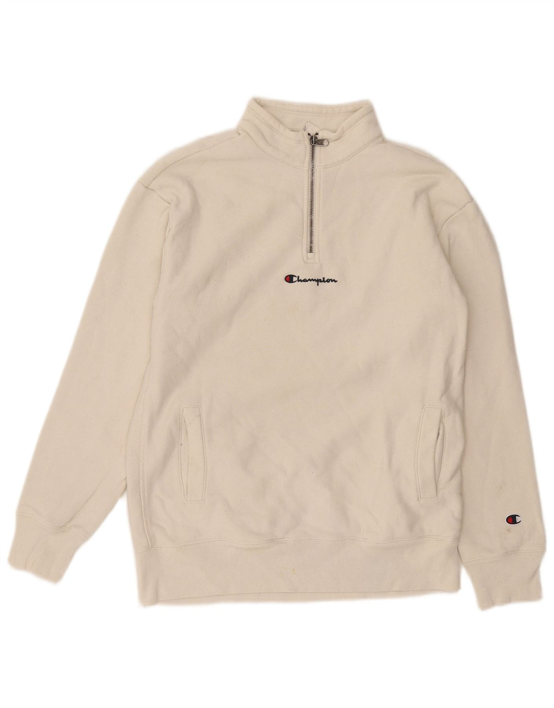 Champion Herre Zip Neck Sweatshirt Jumper Small White