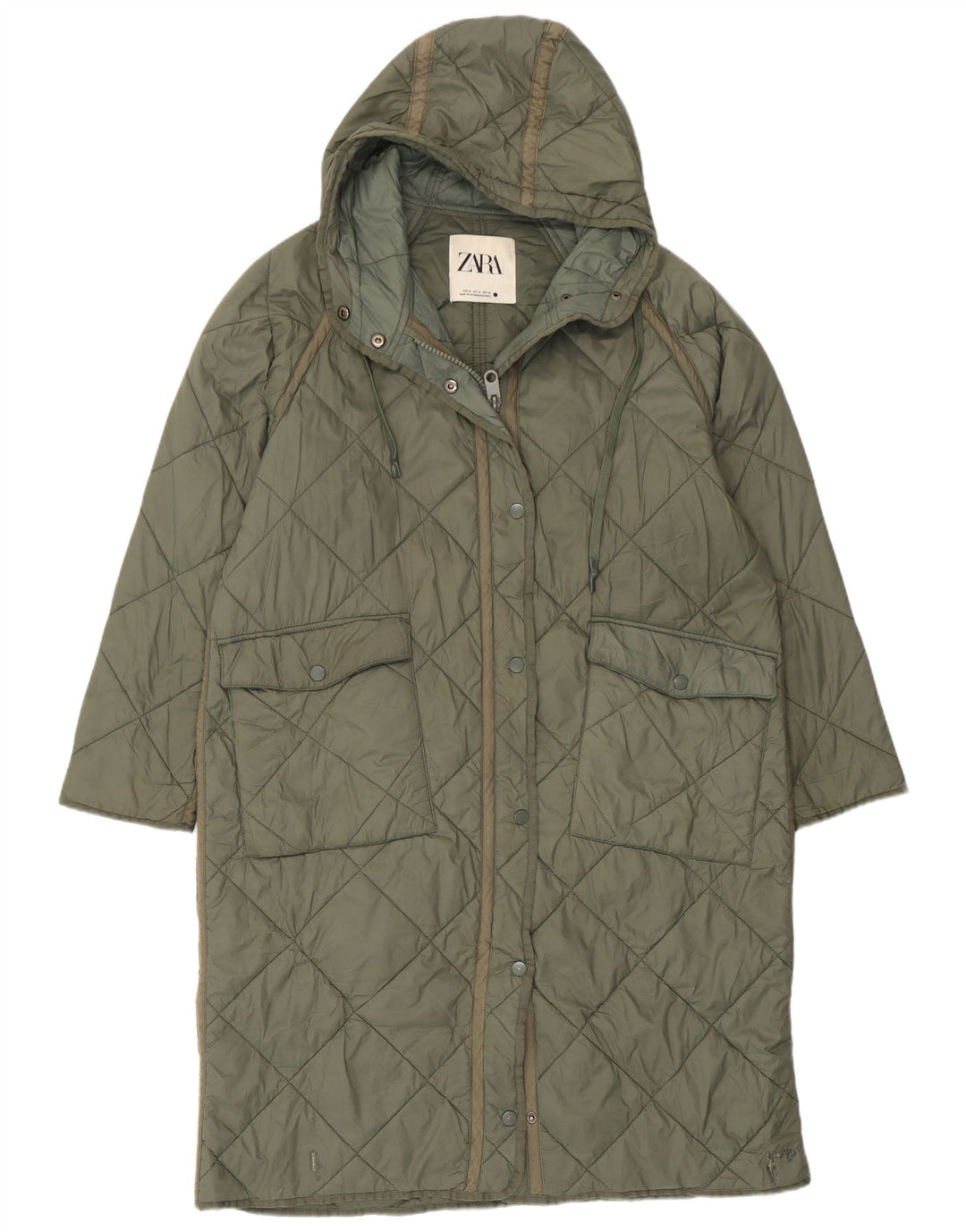 Zara Dame Oversized Hætte Quiltet Overfrakke UK 14 Medium Grøn