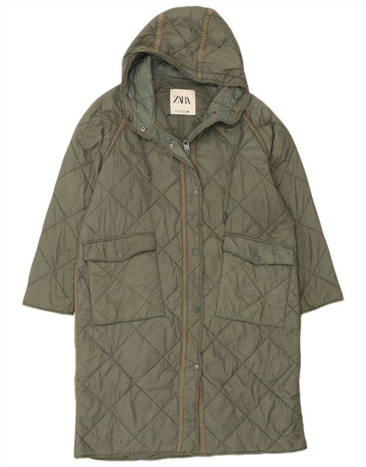 Zara Dame Oversized Hætte Quiltet Overfrakke UK 14 Medium Grøn