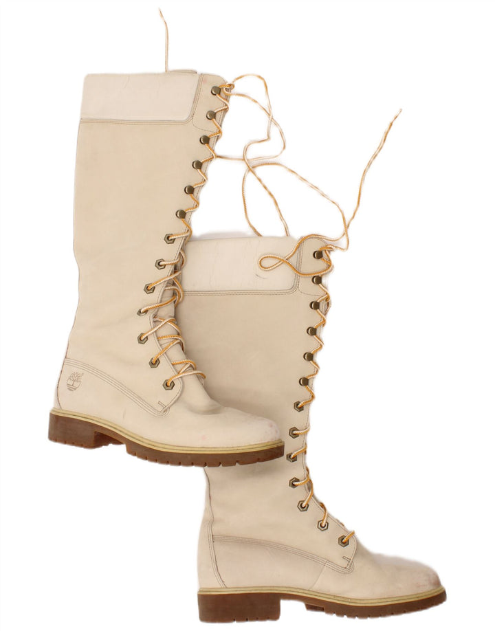 Timberland Dame Læder Knæhøje Støvler UK Størrelse 6 Beige Læder
