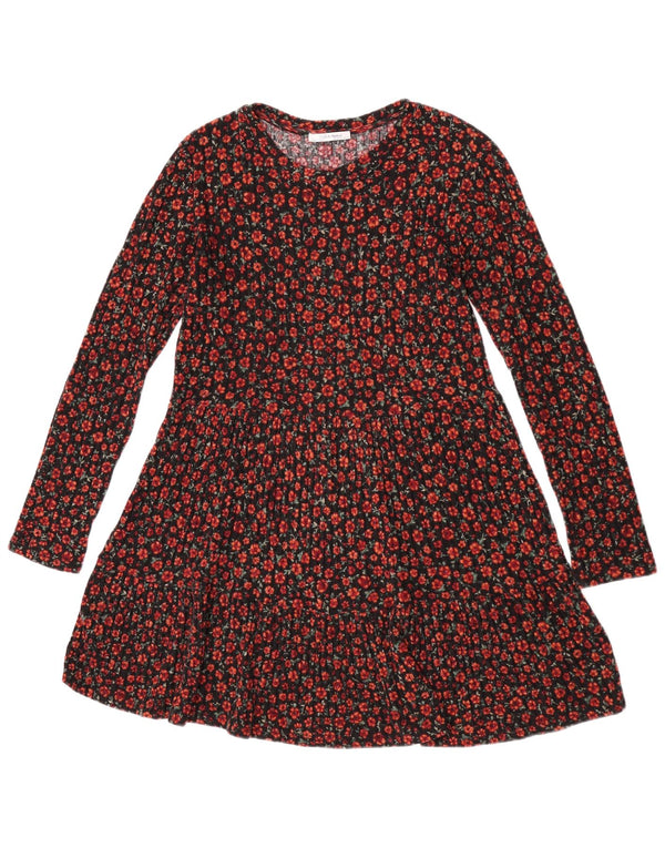 Zara Dame Langærmet A-Line Kjole UK 12 Medium Black Floral