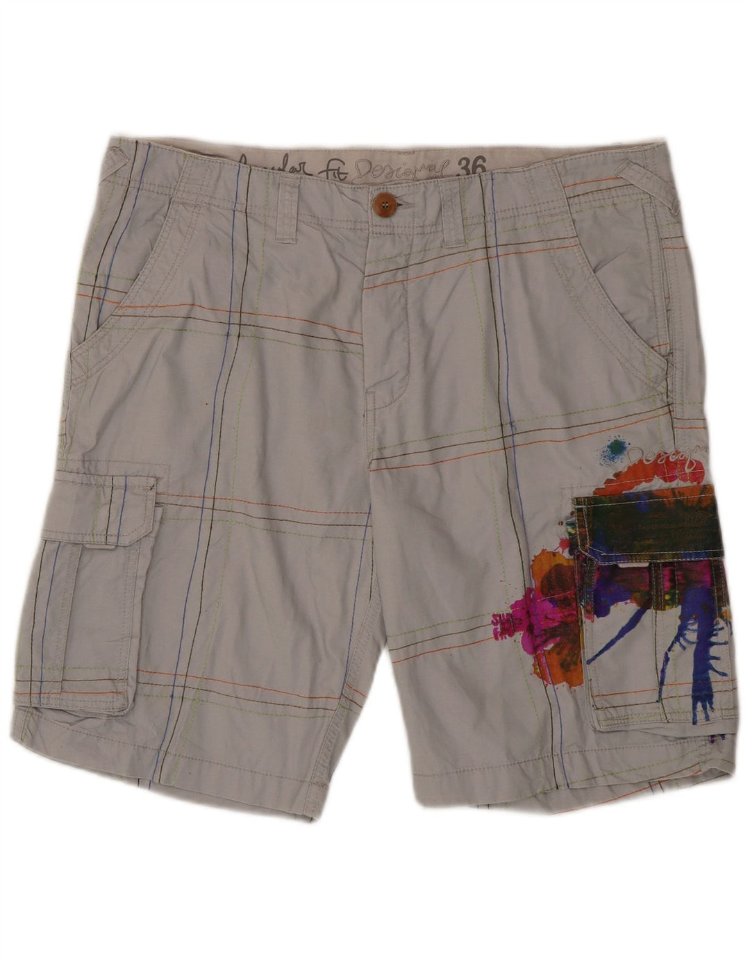Desigual Herre Graphic Cargo Shorts W36 Large Grey Ternet Bomuld