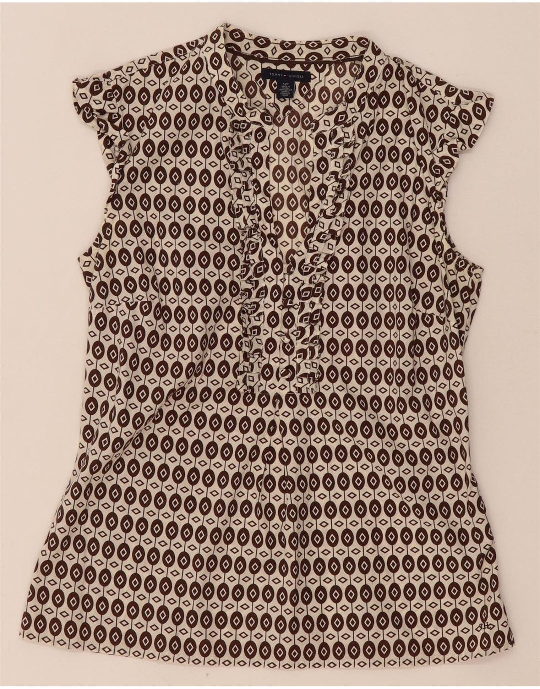 Tommy Hilfiger Dame Flæse Front Bluse Top UK 10 Lille Brun Geometrisk
