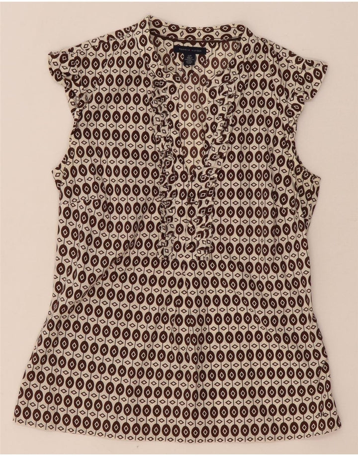 Tommy Hilfiger Dame Flæse Front Bluse Top UK 10 Lille Brun Geometrisk