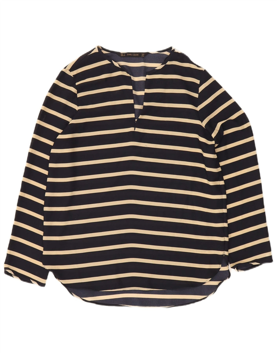 Zara Dame Langærmet Bluse Top UK 10 Small Navy Blue Stribet