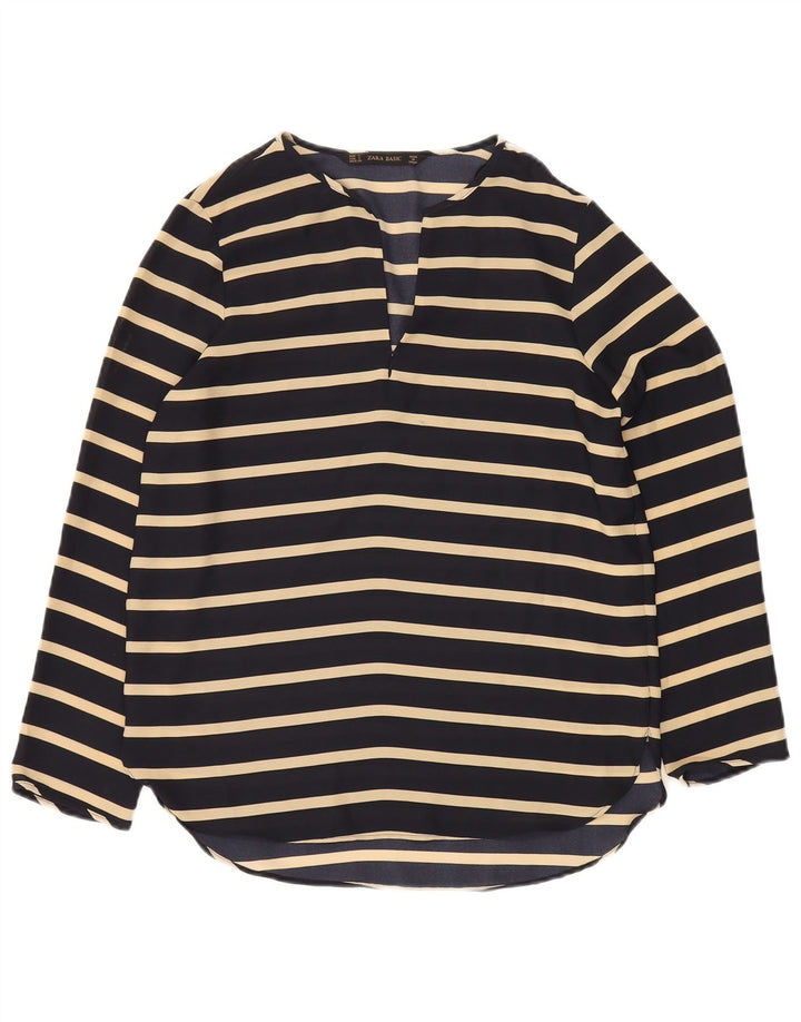 Zara Dame Langærmet Bluse Top UK 10 Small Navy Blue Stribet