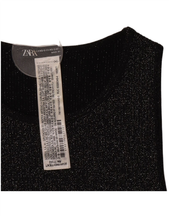 Zara Dame ærmeløs Crop Top UK 4 XS Sort Flecked Polyester