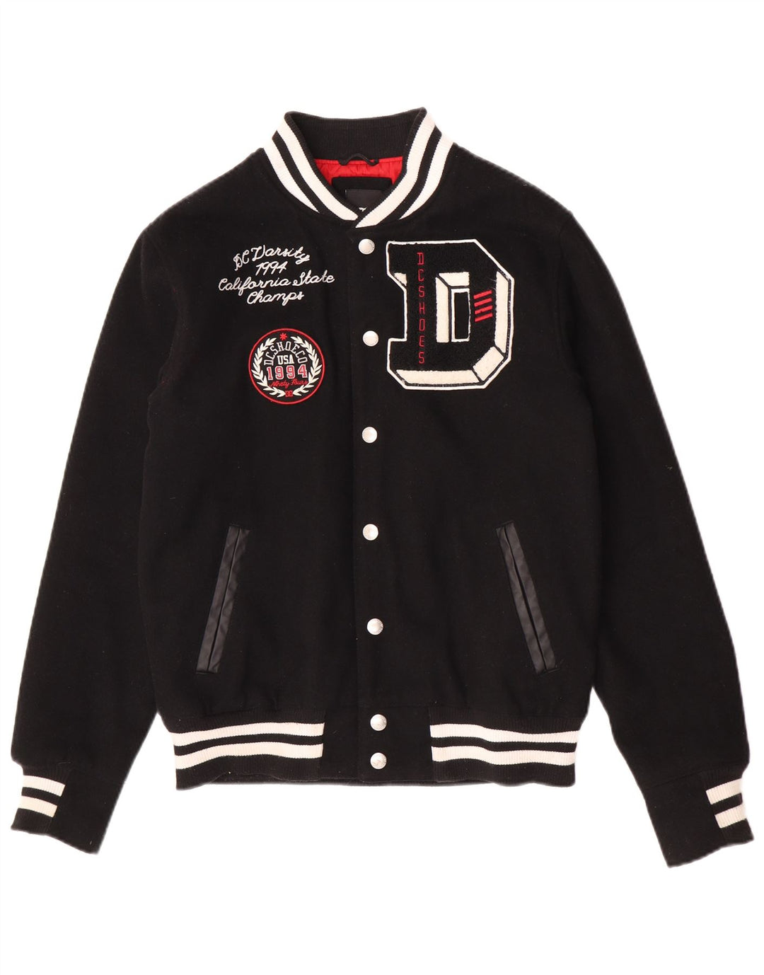 DC Herre Grafisk Varsity Jacket UK 36 Lille sort uld