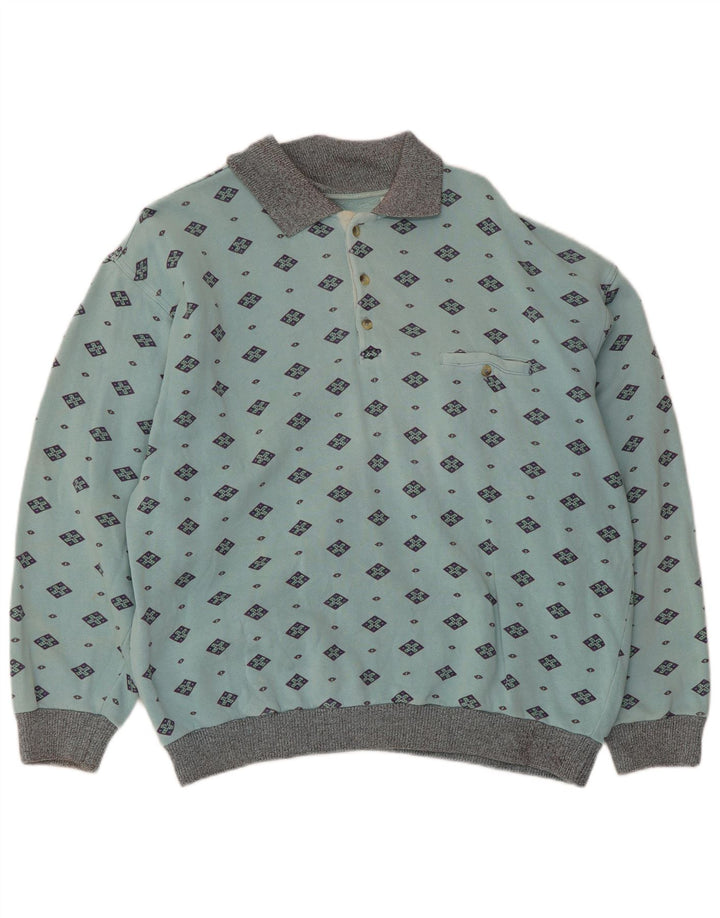 Vintage Polo-hals sweatshirt til mænd mellemblå, geometrisk bomuld