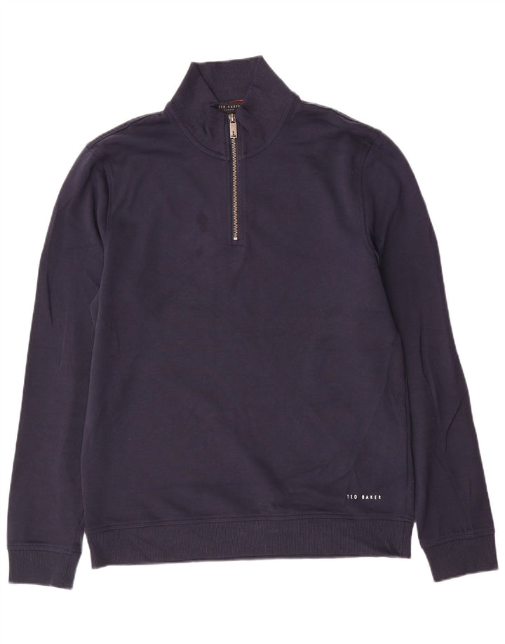 Ted Baker Herre Zip Neck Sweatshirt Jumper Størrelse 3 Medium Navy Blue Bomuld