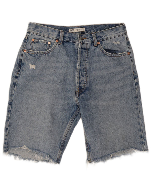ZARA Mens Distressed Denim Shorts W31 Medium Blue Cotton