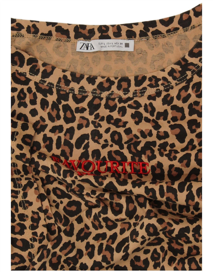 ZARA Dame Crop Grafisk T-Shirt Top UK 16 Stort Beige Animal Print