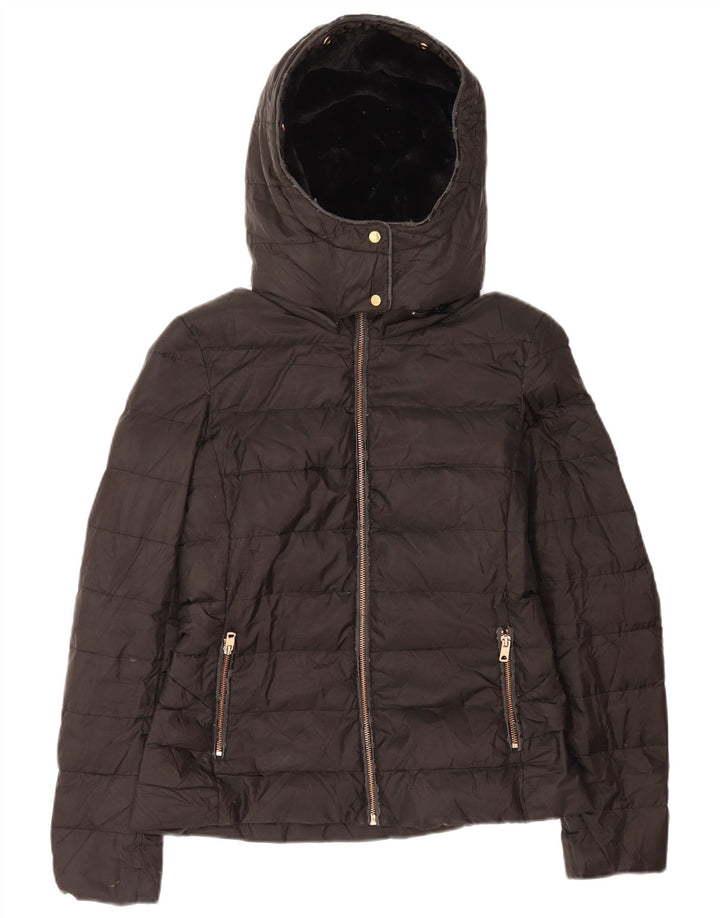 Zara Dame Hætte Sherpa Polstret Jakke UK 10 Lille Sort Polyester