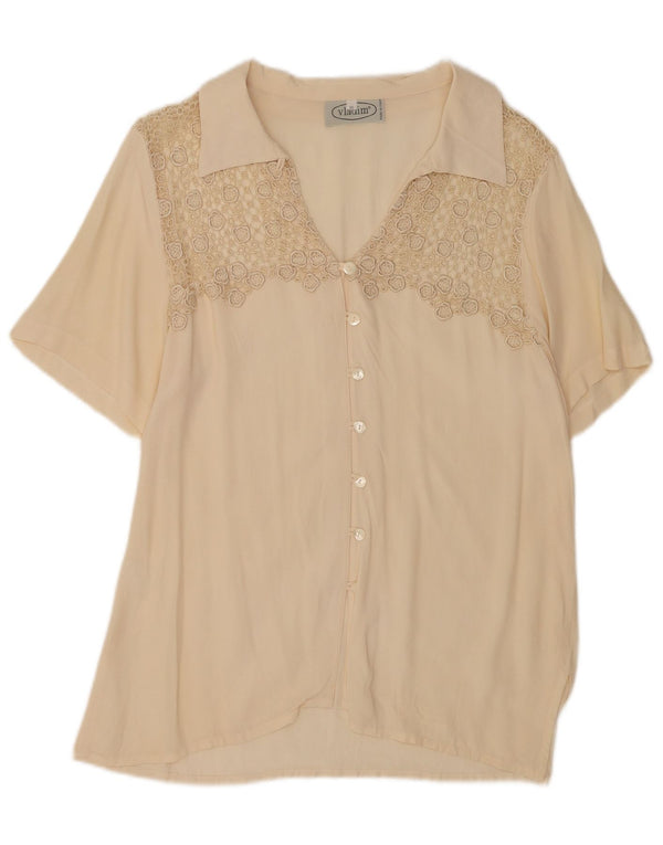 Vintage kvinders kortærmet skjortebluse UK 20 2XL Beige Silke