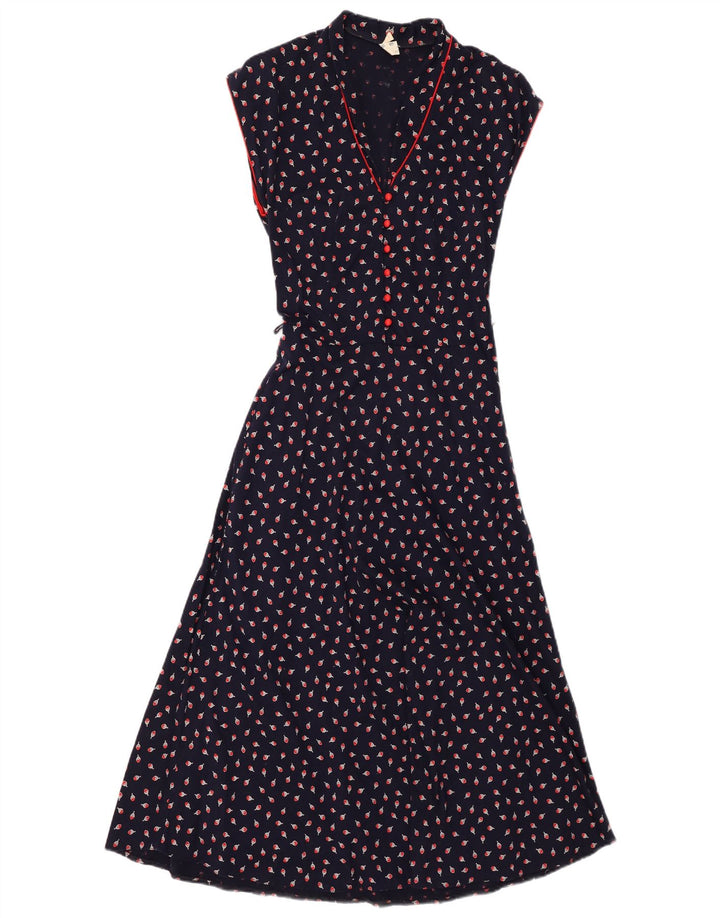 VINTAGE ærmeløs maxikjole til kvinder IT 38 XS Marineblå blomstret bomuld