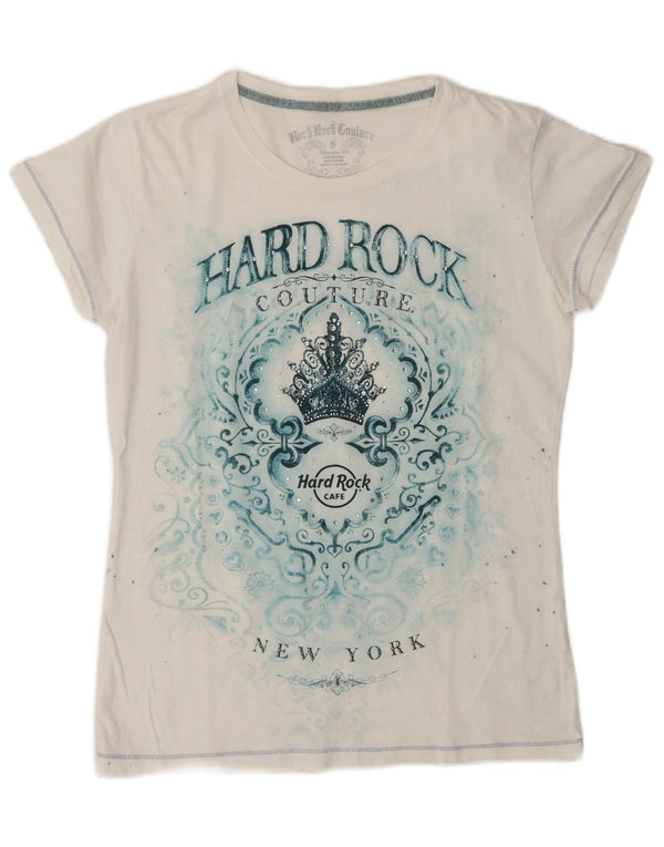 Hard Rock Cafe Dame New York Grafisk T-Shirt Top UK 10 Small White
